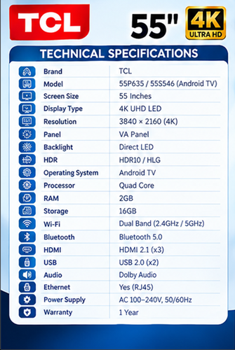 TCL 55 Inch 4K Google TV – HDR, Dolby Audio & Voice Control