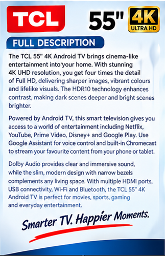 TCL 55 Inch 4K Google TV – HDR, Dolby Audio & Voice Control