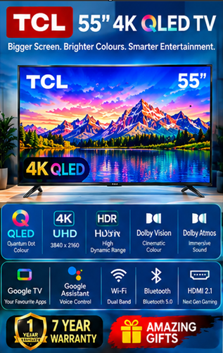 TCL 55T6D 55 Inch Premium QLED Smart Google TV 2026 Model – 4K UHD HDR Display, Dolby Vision & Dolby Atmos, Wi-Fi & Bluetooth, Frameless Slim Design, Streaming Apps – 1 Year Warranty