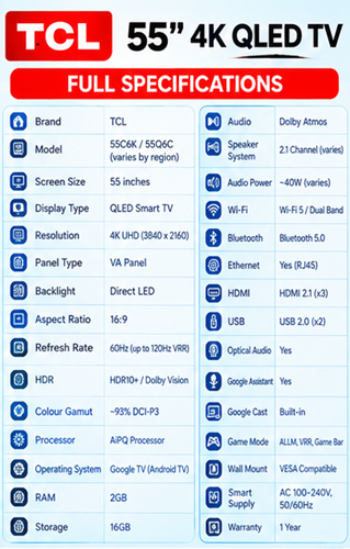 TCL 55T6D 55 Inch Premium QLED Smart Google TV 2026 Model – 4K UHD HDR Display, Dolby Vision & Dolby Atmos, Wi-Fi & Bluetooth, Frameless Slim Design, Streaming Apps – 1 Year Warranty