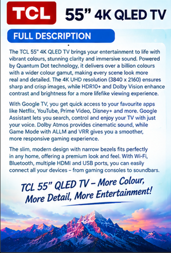 TCL 55T6D 55 Inch Premium QLED Smart Google TV 2026 Model – 4K UHD HDR Display, Dolby Vision & Dolby Atmos, Wi-Fi & Bluetooth, Frameless Slim Design, Streaming Apps – 1 Year Warranty