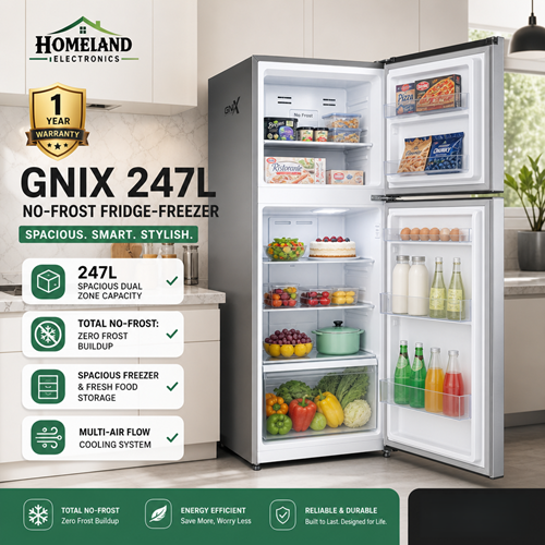 GNIX FR-277-NF 247L No-Frost Double Door Refrigerator – Spacious Freezer & Fresh Food Storage