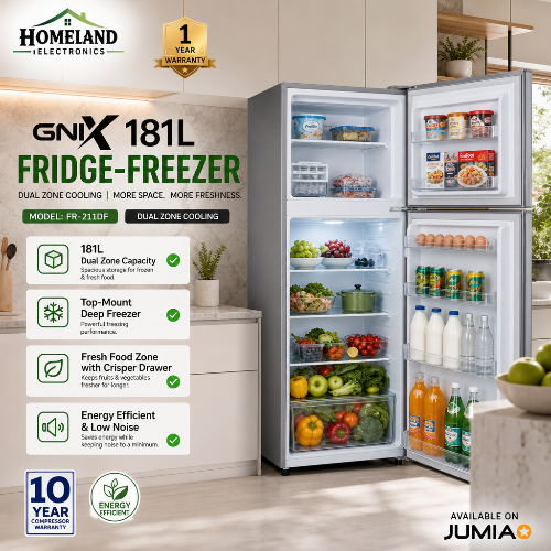 GNIX FR-211DF 181L Double Door Refrigerator – Spacious Freezer, Fresh Food Storage & Modern Design