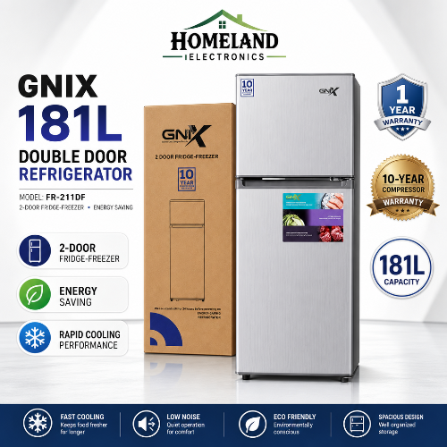 GNIX FR-211DF 181L Double Door Refrigerator – Spacious Freezer, Fresh Food Storage & Modern Design