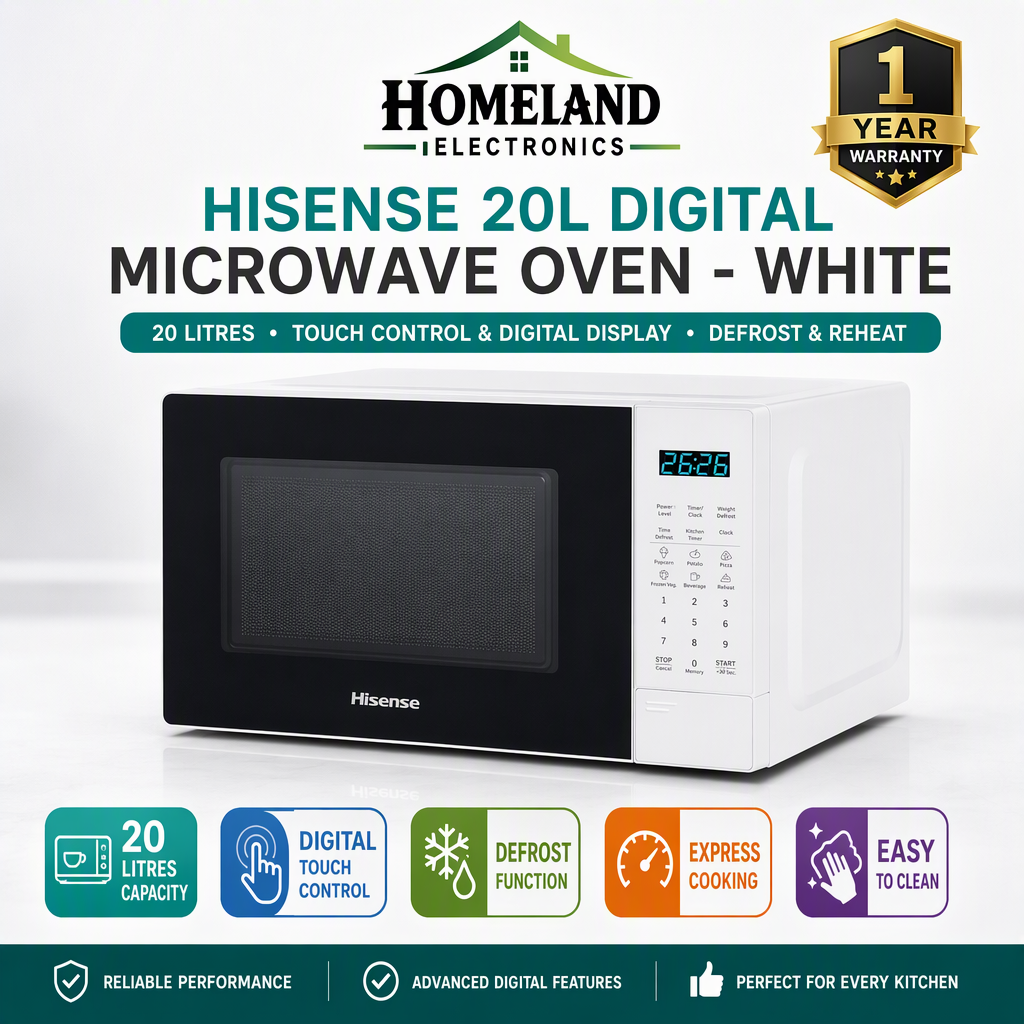 HISENSE 20L Microwave Oven White – Compact Microwave with Reheat, Defrost & Adjustable Power