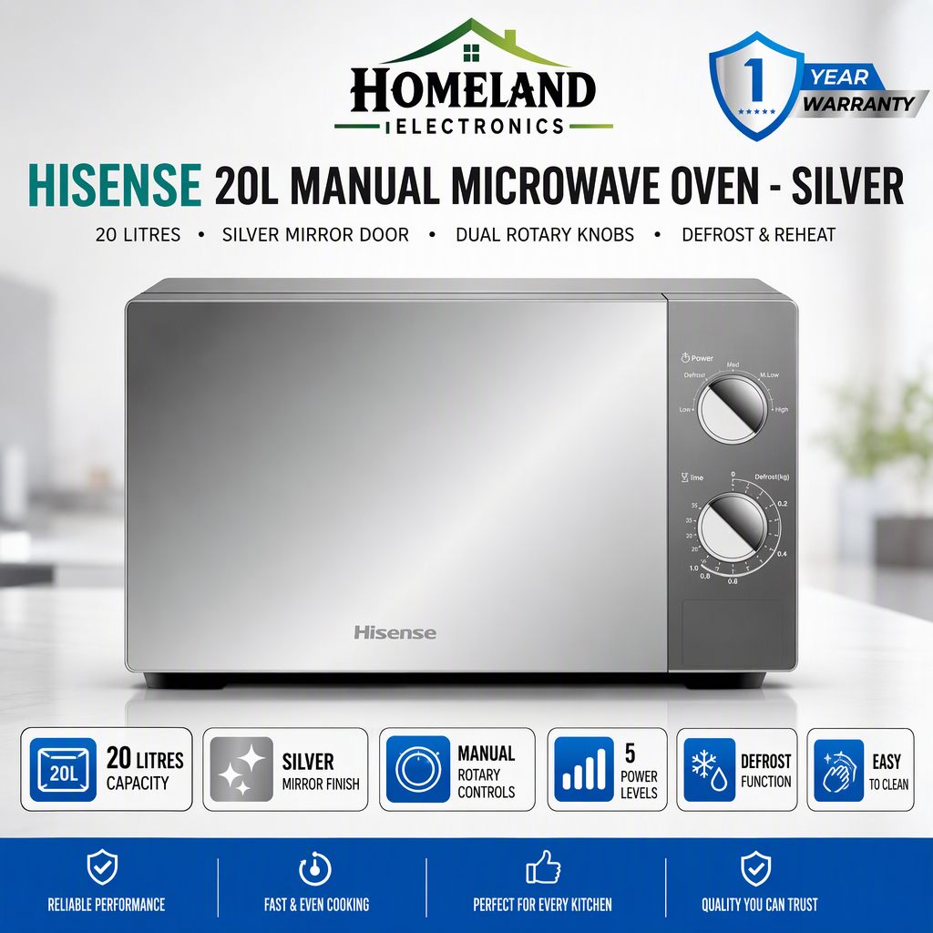 HISENSE 20L Manual Microwave Oven SILVER – Reheat, Defrost, Adjustable Power & 1 Year Warranty