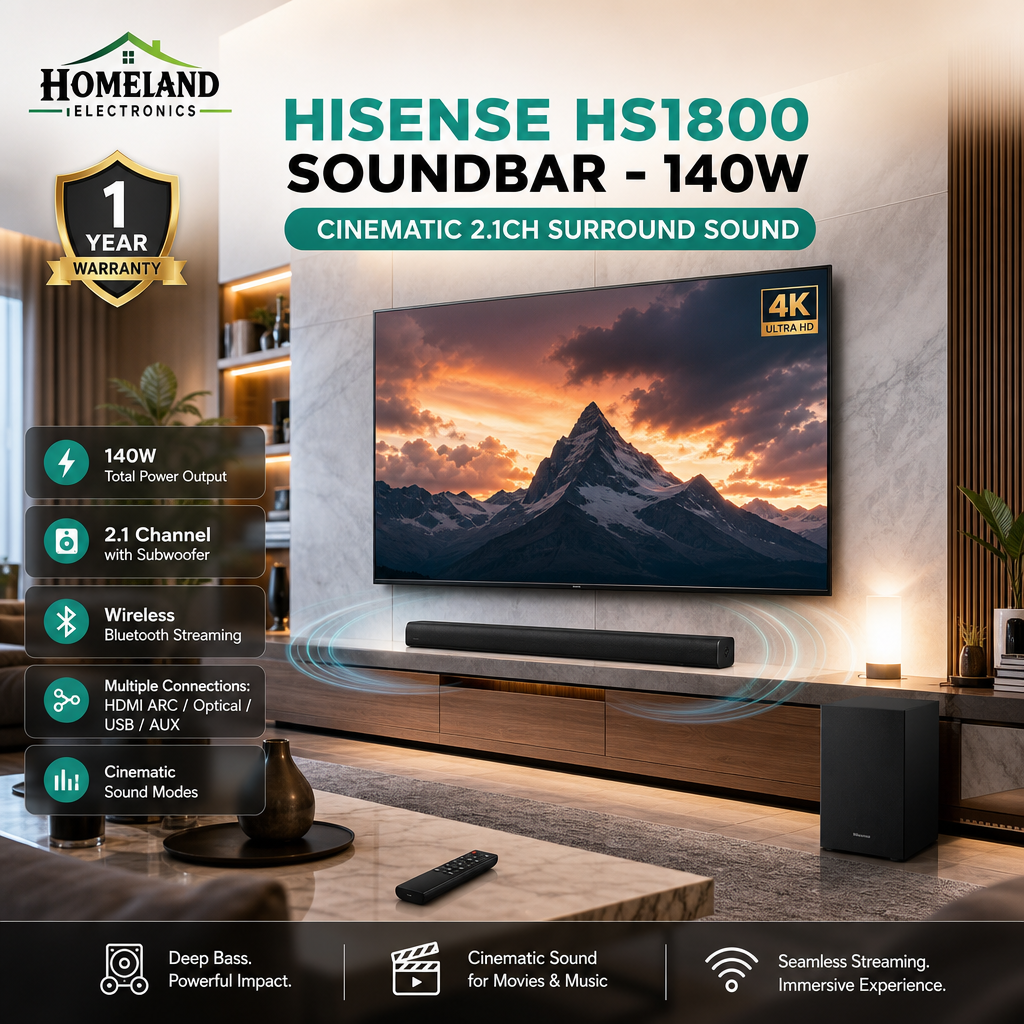 HISENSE HS1800 140W 2.1 Channel Sound Bar with Subwoofer – Dolby Audio, DTS Virtual & Bluetooth