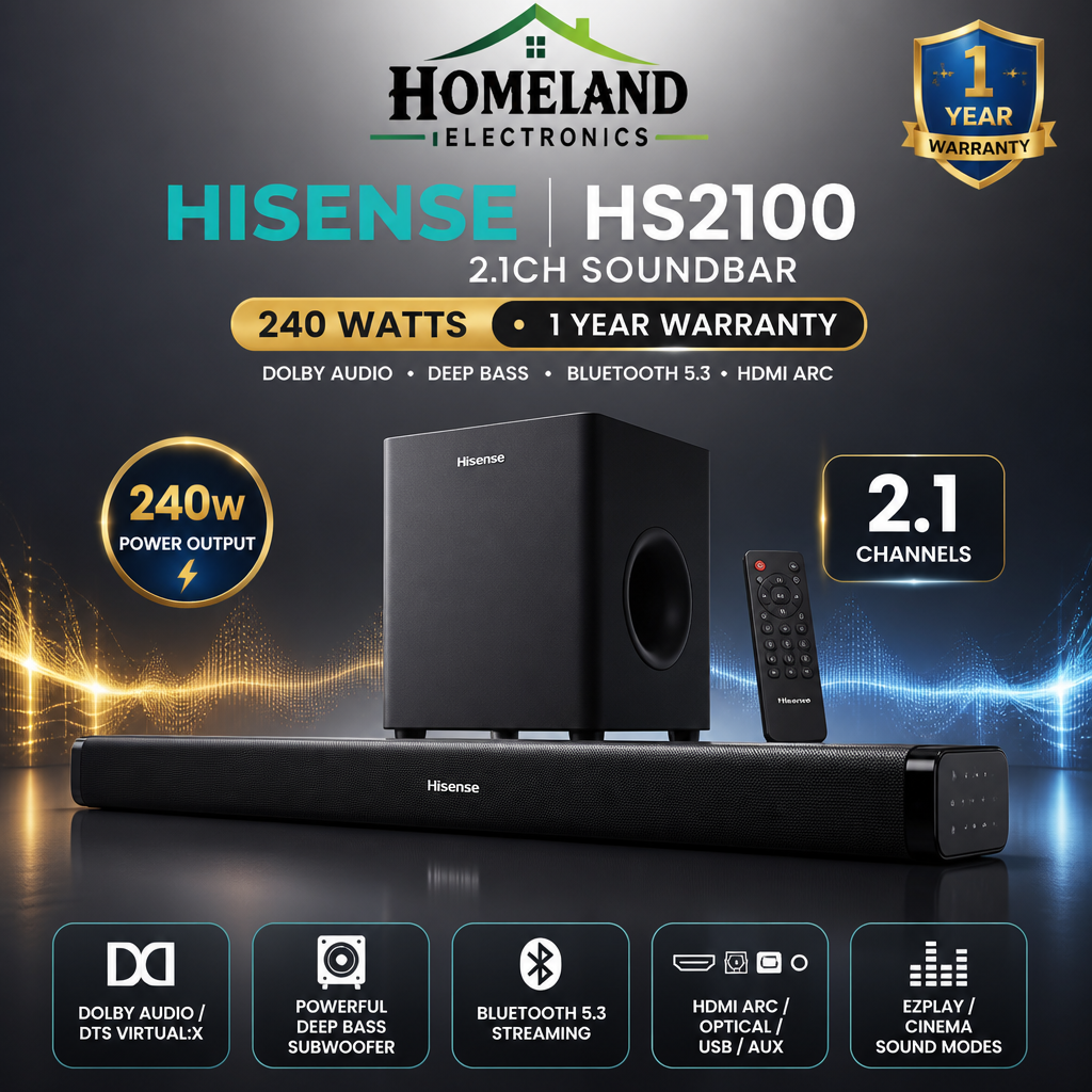 HISENSE HS2100 240W 2.1CH Soundbar with Wireless Subwoofer – Dolby Audio, DTS Virtual:X & Bluetooth 5.3