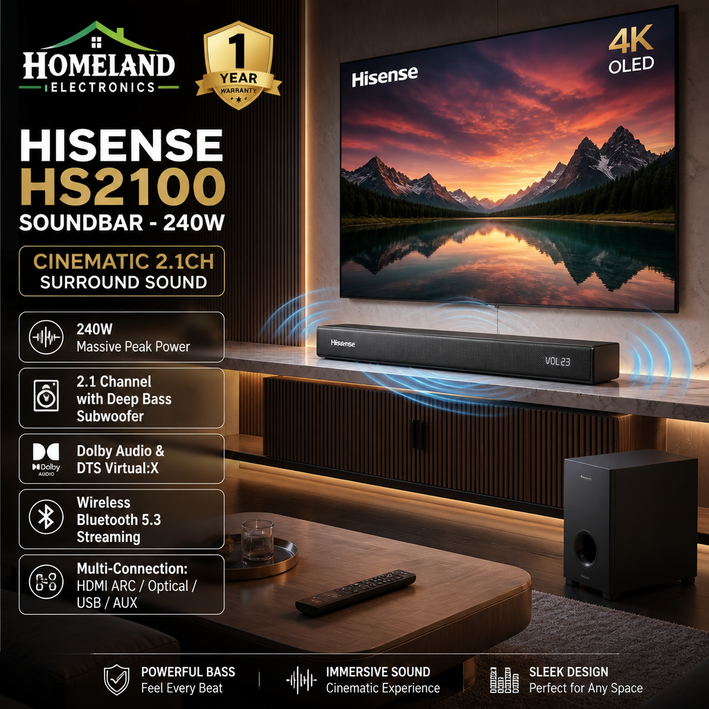 HISENSE HS2100 240W 2.1CH Soundbar with Wireless Subwoofer – Dolby Audio, DTS Virtual:X & Bluetooth 5.3