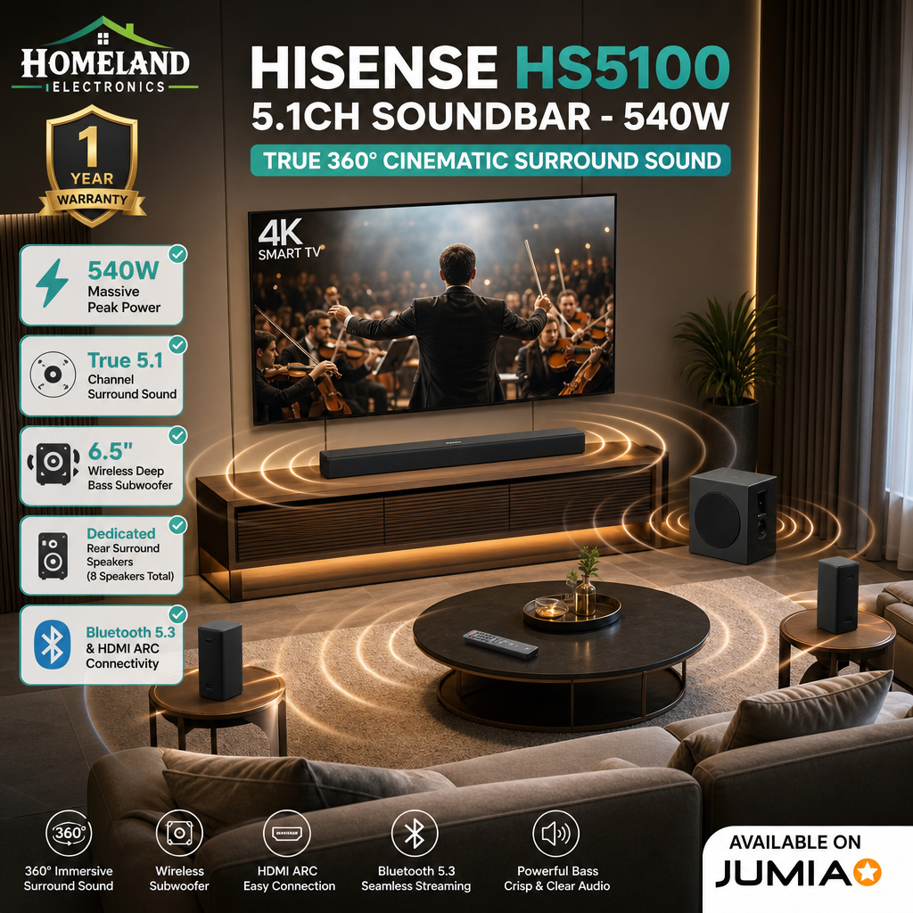 HISENSE HS5100 540W 5.1CH Soundbar with Wireless Subwoofer & Rear Speakers – Dolby Audio, DTS Virtual:X & Bluetooth 5.3