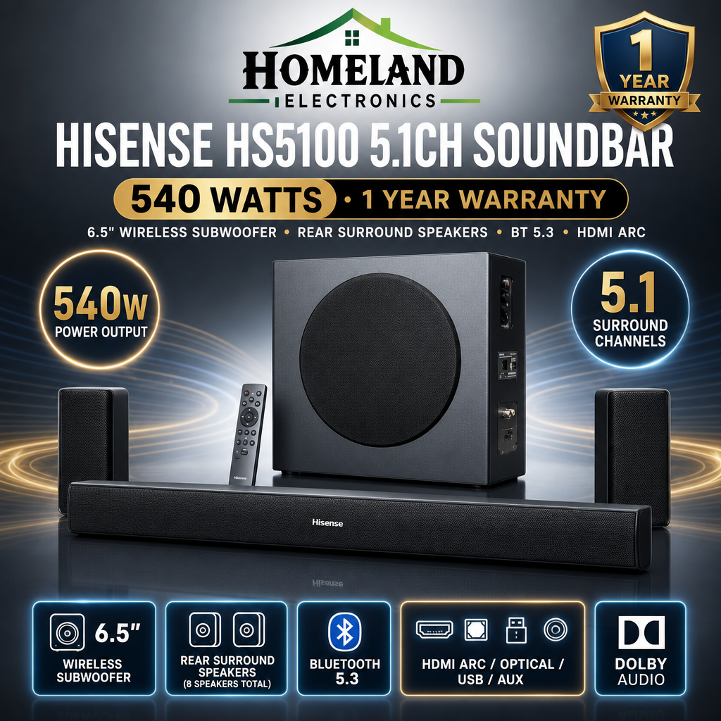 HISENSE HS5100 540W 5.1CH Soundbar with Wireless Subwoofer & Rear Speakers – Dolby Audio, DTS Virtual:X & Bluetooth 5.3
