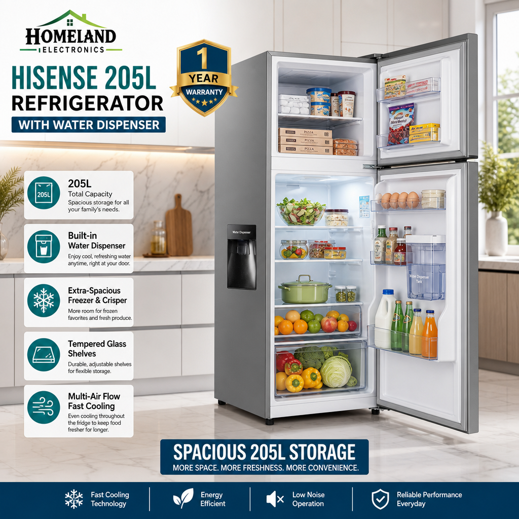 HISENSE 205L REF205DR Double Door Refrigerator with Water Dispenser – Spacious Freezer, Fresh Food Storage & Modern Design